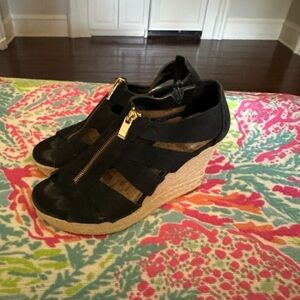 Black Wedge Espadrille Sandals with Gold Zip